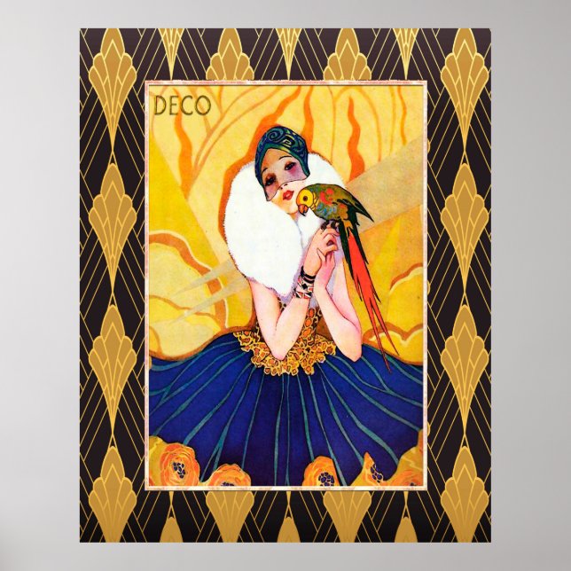 Art Deco Lady mit Parrot Poster (Vorne)