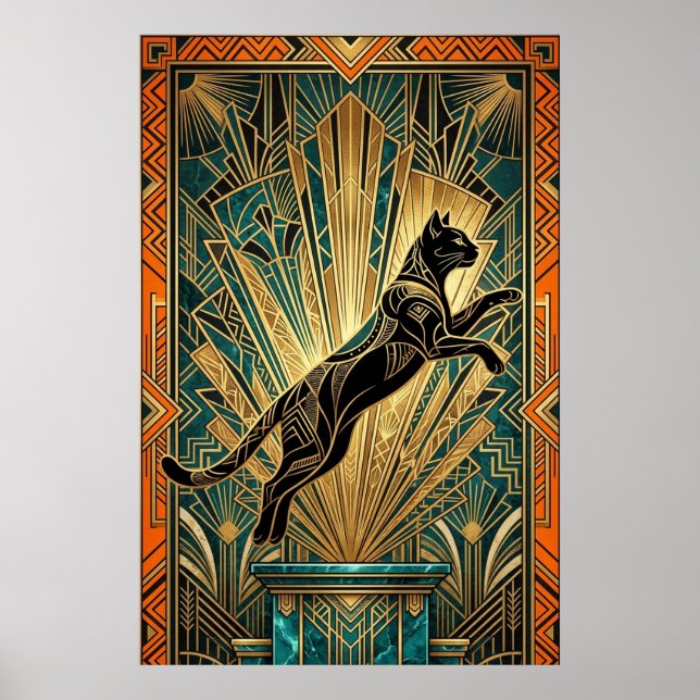 Art Deco Leaping Black Cat Wall Art Poster (Vorne)