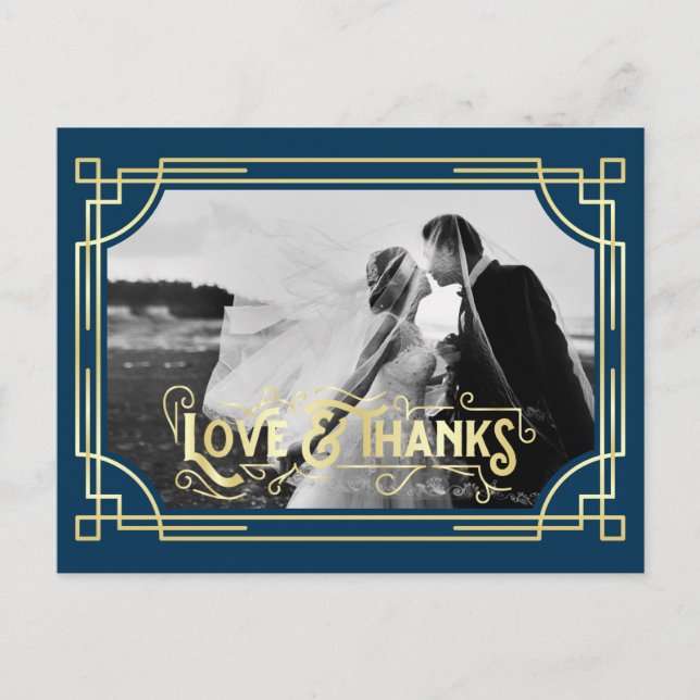 Art Deco Liebe & Danke Gold Dark Blue Vielen Dank Postkarte (Vorderseite)