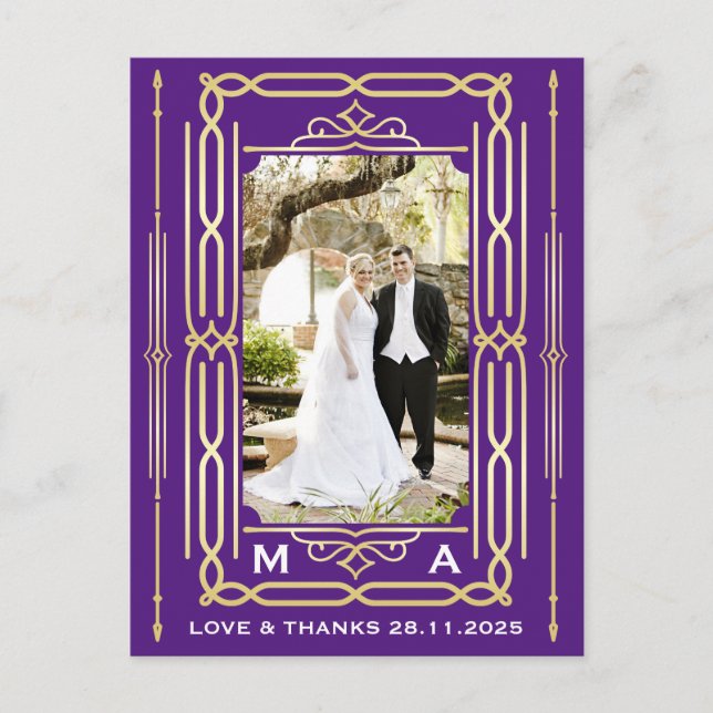 Art Deco Liebe & Danke Gold Lila Foto Vielen Dank Postkarte (Vorderseite)