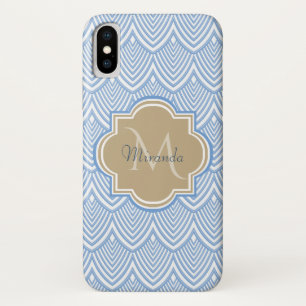 Art Deco Light Blue Fish Scales Tan Monogram Name iPhone X Hülle