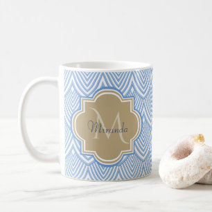 Art Deco Light Blue Fish Scales Tan Monogram Name Kaffeetasse