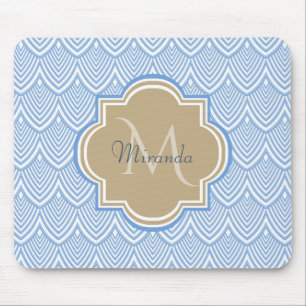 Art Deco Light Blue Fish Scales Tan Monogram Name Mousepad