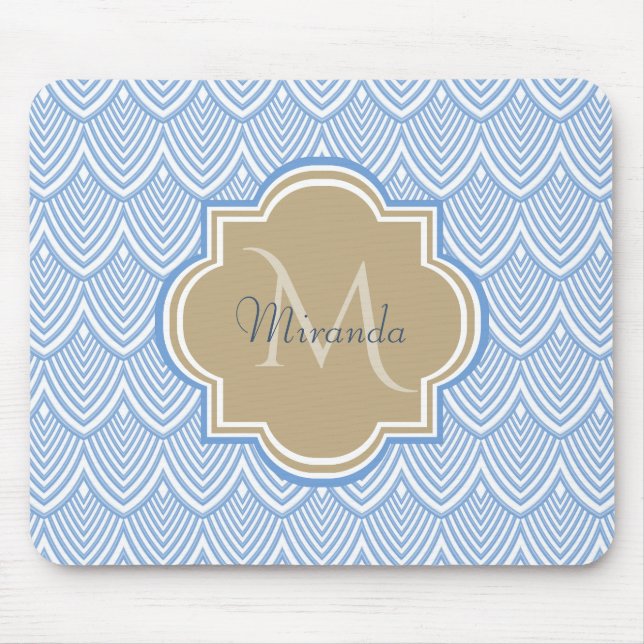 Art Deco Light Blue Fish Scales Tan Monogram Name Mousepad (Vorne)