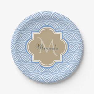 Art Deco Light Blue Fish Scales Tan Monogram Name Pappteller