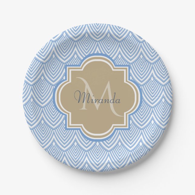 Art Deco Light Blue Fish Scales Tan Monogram Name Pappteller (Vorderseite)