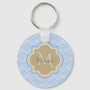 Art Deco Light Blue Fish Scales Tan Monogram Name Schlüsselanhänger