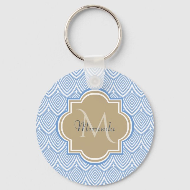 Art Deco Light Blue Fish Scales Tan Monogram Name Schlüsselanhänger (Vorderseite)