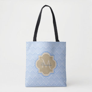 Art Deco Light Blue Fish Scales Tan Monogram Name Tasche