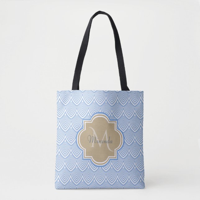Art Deco Light Blue Fish Scales Tan Monogram Name Tasche (Vorderseite)