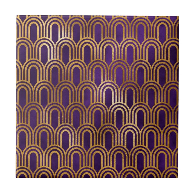 Art Deco Lila Gold Glitzer Arch Muster Fliese (Vorderseite)