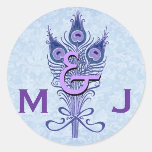 Art Deco Lila Peacock Feathers Monogram Wedding Runder Aufkleber