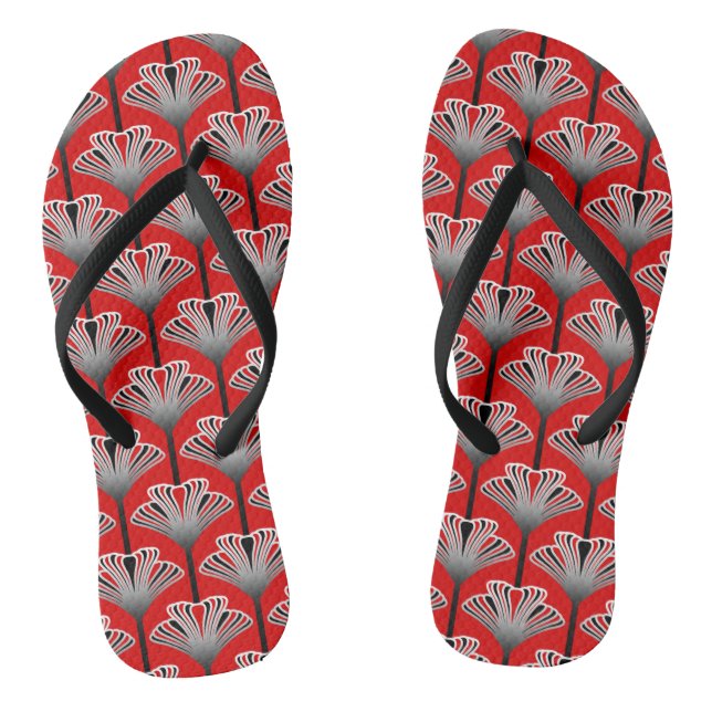 Art Deco Lily, Deep Red and Gray / Grau Flip Flops (Fußbett)