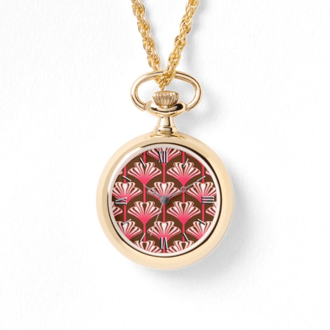 Art Deco Lily, Dunkelbraun und Korallenrosa Armbanduhr (Vorderseite)