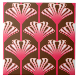 Art Deco Lily, Dunkelbraun und Korallenrosa Fliese