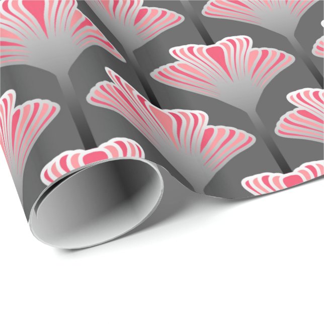 Art Deco Lily, grau / grau und korallenrosa Geschenkpapier (Rolleneckpunkt)