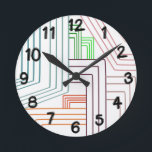 Art Deco Lines Round Clock Runde Wanduhr<br><div class="desc">Diese Wanduhr hat ein Deko-Design in lila,  rosa,  orange und blau.</div>