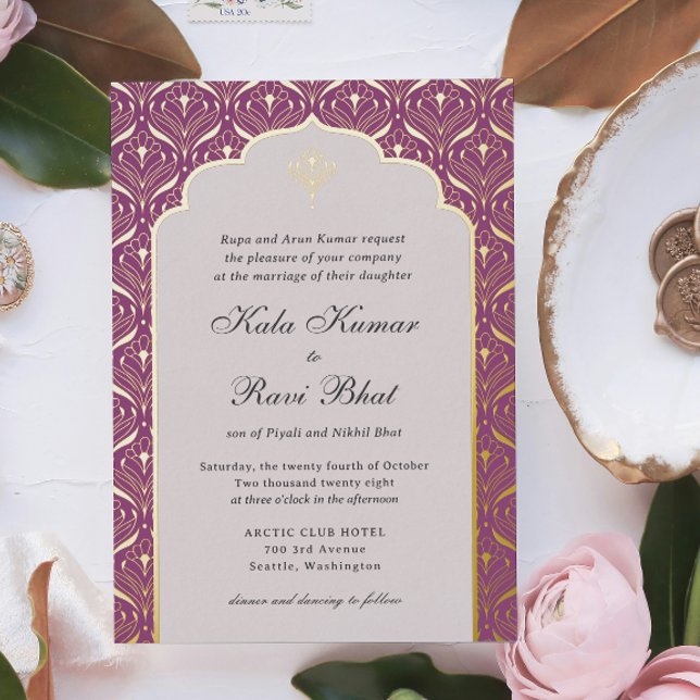 Art Deco Lotus Folieneinladung (Indian wedding invitation, art deco wedding invitation, hindu wedding invitation, gold foil mundap)