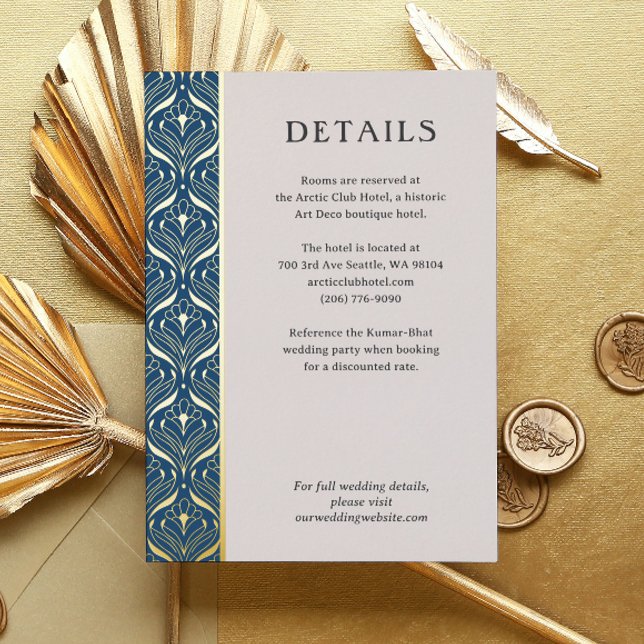 Art Deco Lotus Gold Détails Mariage Carte de boîti (art deco wedding details enclosure card, indian wedding invitation suite, gold foil hotel info card)