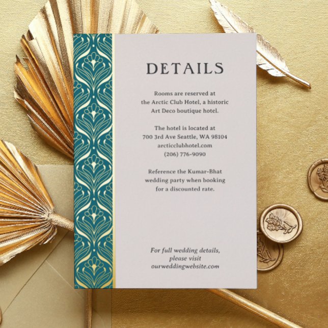 Art Deco Lotus Gold Wedding Details Karte (art deco wedding details enclosure card, indian wedding invitation suite, gold foil hotel info card)