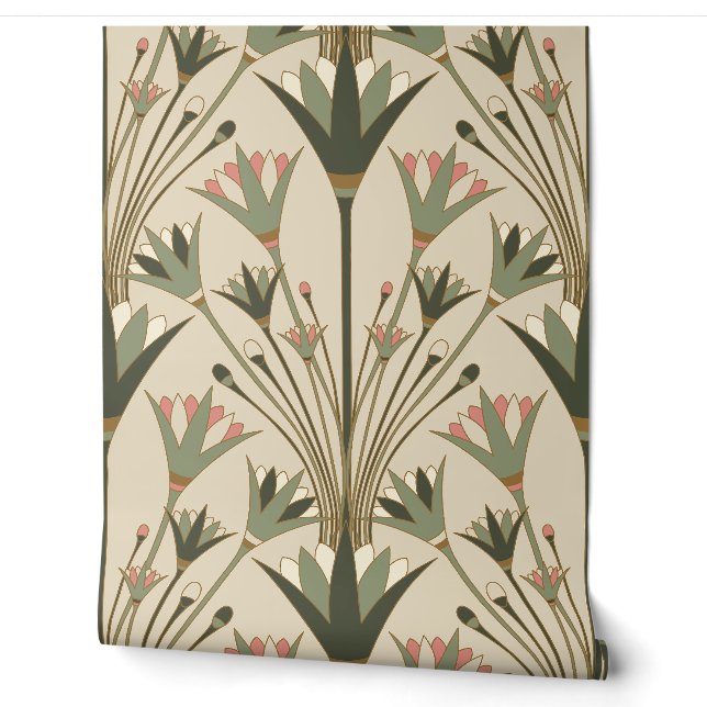 Art Deco Lotus - Scallop Lotus - Brown & Pink Tapete (Abrollen)
