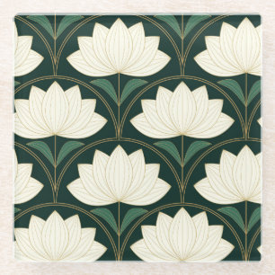 Art Deco Lotusblumen auf goldenem Fächer-Muster  Glasuntersetzer