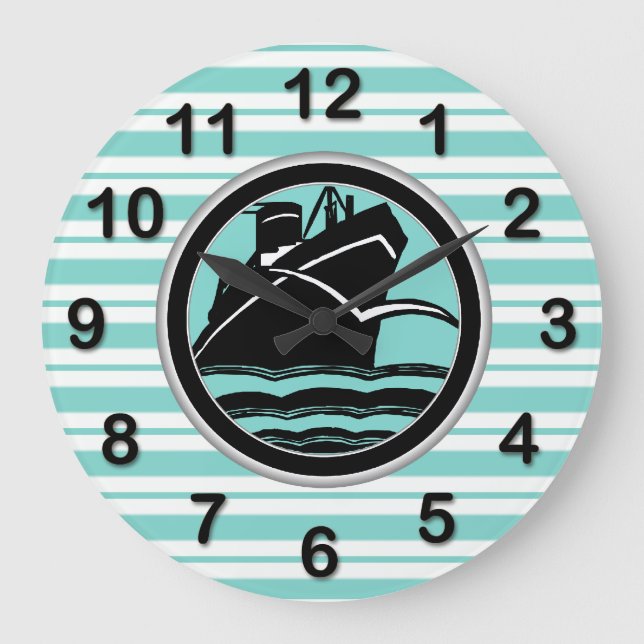 Art Deco Lt Blue Wht Striping Blk Ship DIY Marker Große Wanduhr (Vorderseite)