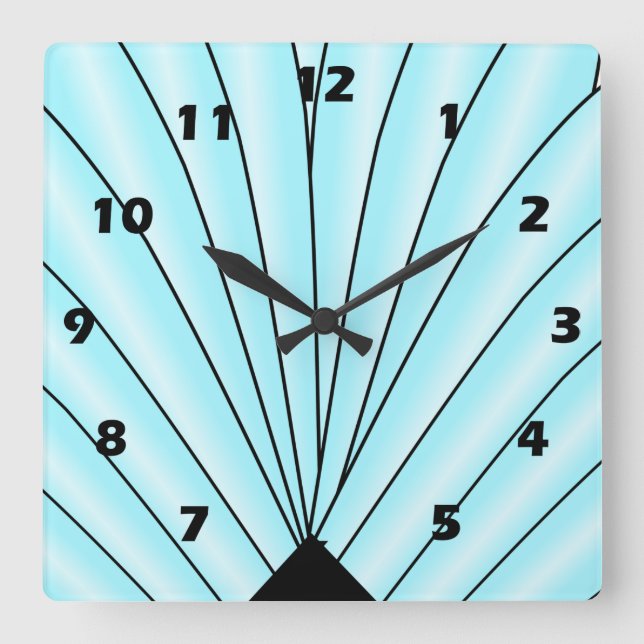 Art Deco Lüfter Design Blue Square Wall Clock Quadratische Wanduhr (Vorderseite)