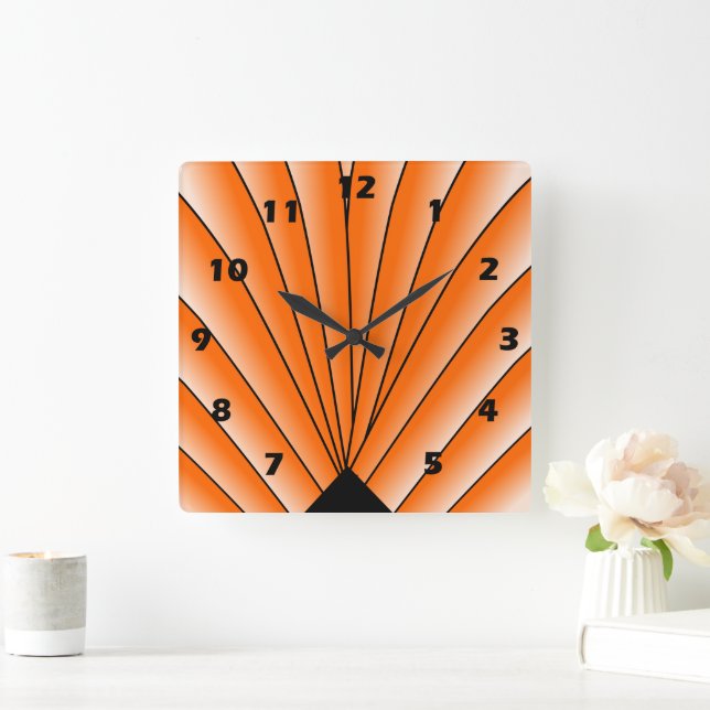 Art Deco Lüfter Design Orange Square Wall Clock Quadratische Wanduhr (Zuhause)
