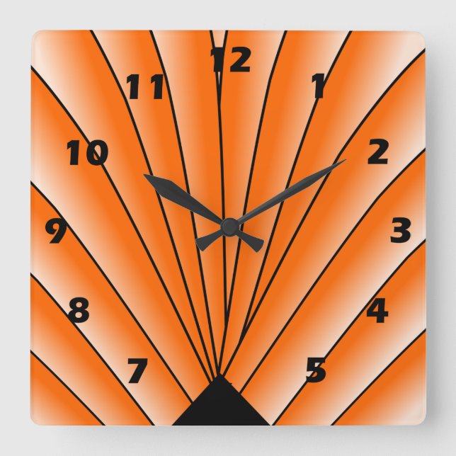 Art Deco Lüfter Design Orange Square Wall Clock Quadratische Wanduhr (Vorderseite)