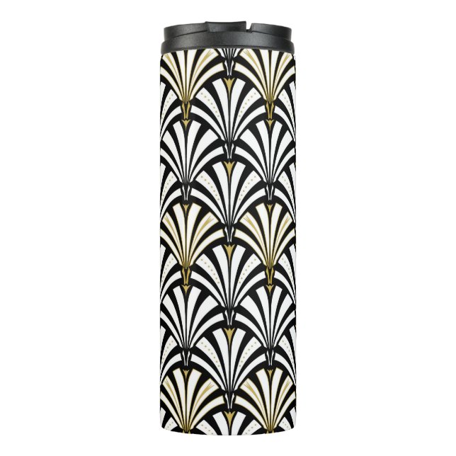Art Deco Lüftermuster, Schwarz und Weiß Thermosbecher (Rückseite)
