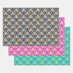 Art Deco Lüftermuster, Schwarz/Weiß, Rosa, Aqua Geschenkpapier Set