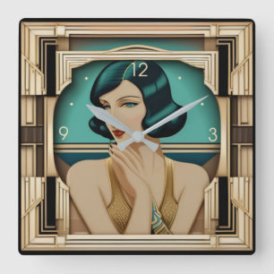 Art Deco Mädchen Quadratische Wanduhr
