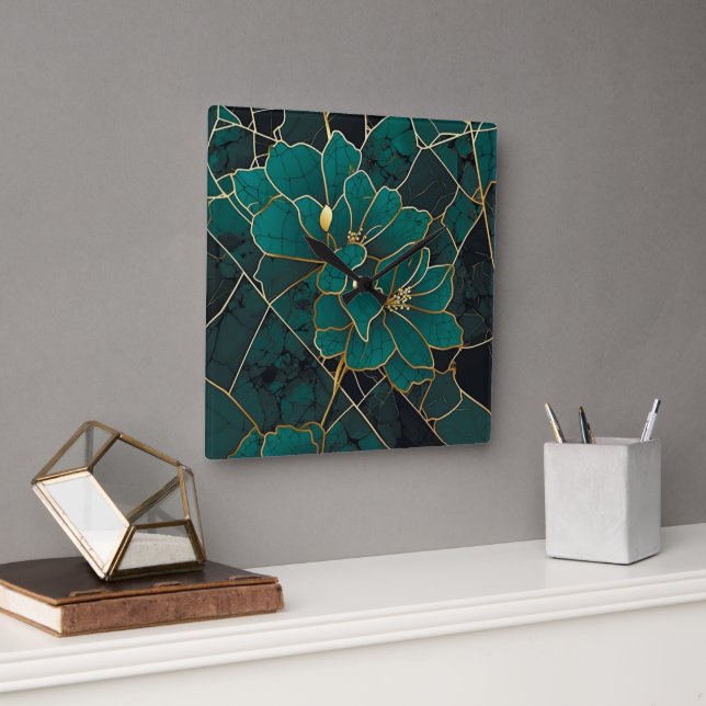 Art Deco Marble Mosaik Floral Emerald Green & Gold Quadratische Wanduhr (Büro)