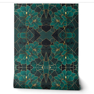 Art Deco Marble Mosaik Floral Emerald Green & Gold Tapete