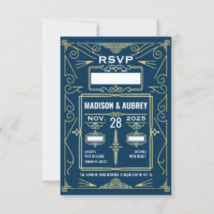 Art Déco Mariage Classy Gold Blue Réponse RSVP