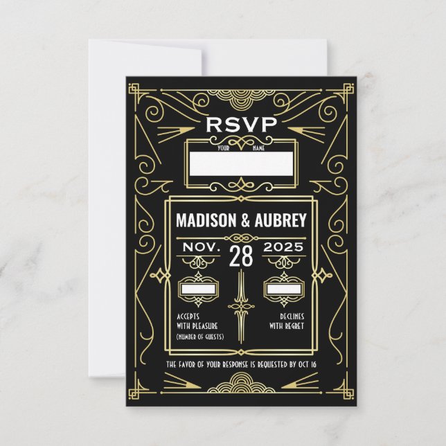 Art Déco Mariage Classy Gold Noir Réponse RSVP (Devant)