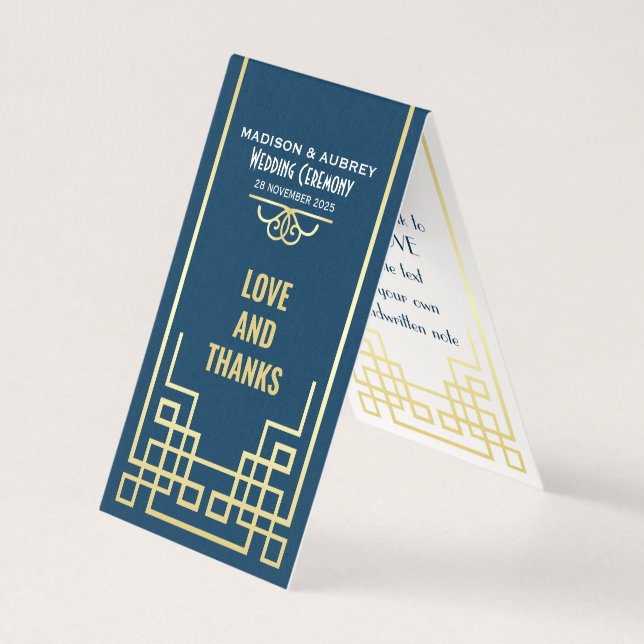 Art Déco Mariage Love & Thanks Gold Blue Favor (Front)