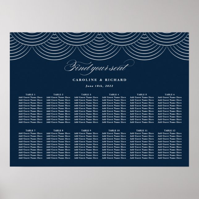 Art Déco Marine Bleu Argent Mariage Carte de siège (Devant)