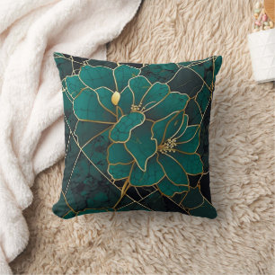 Art Deco Marmor Mosaik Floral Smaragdgrün & Gold Kissen