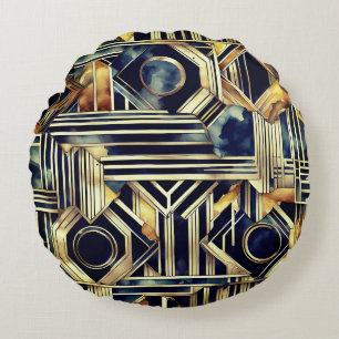 Art-Deco-Marmor Schwarz und Gold Jazzy Geometrisch Rundes Kissen