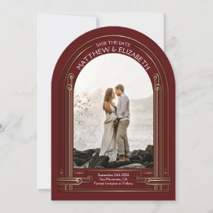 Art Deco Maroon Rote Bronze Arch Save the Date Einladung