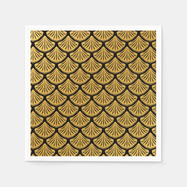 Art Déco Meerjungfrauenskala - Schwarz & Gold Serviette (Vorderseite)
