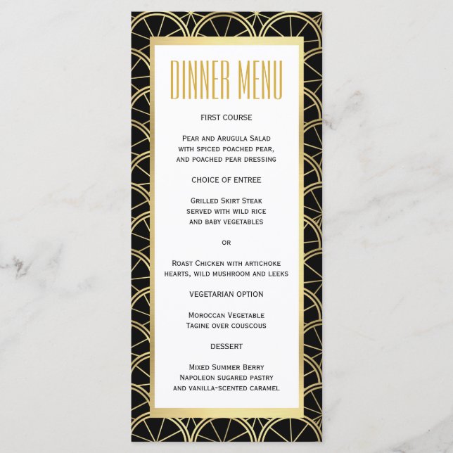 Art Déco Menü für Hochzeiten Schwarz-weiß Gold Sli Menükarte (Vorderseite)