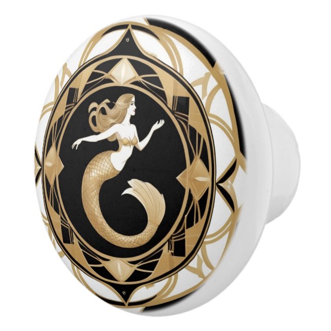 Art Deco Mermaid Schwarz-weiß Gold Keramikknauf (Rechts)