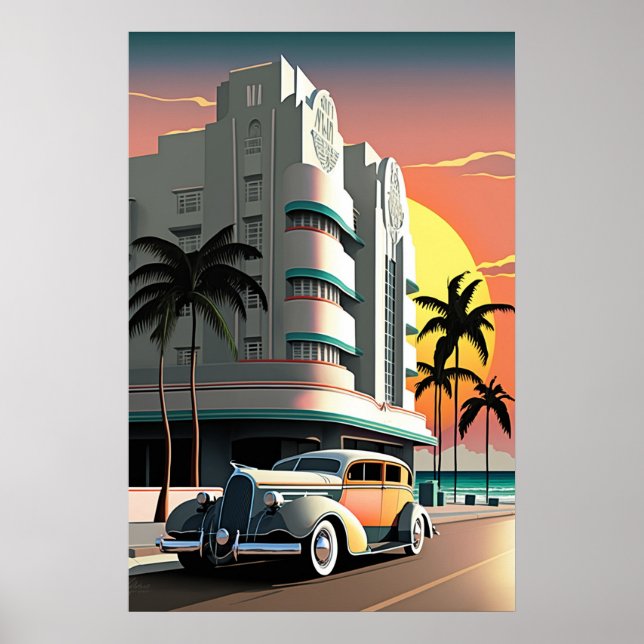 Art Deco Miami Beach Ocean Drive Sonnenuntergang i Poster (Vorne)