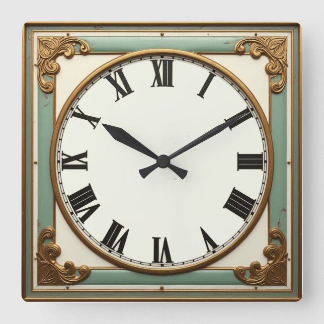 Art Deco Mint Quadratische Wanduhr (Vorderseite)