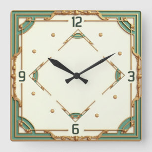 Art Deco Mint Quadratische Wanduhr