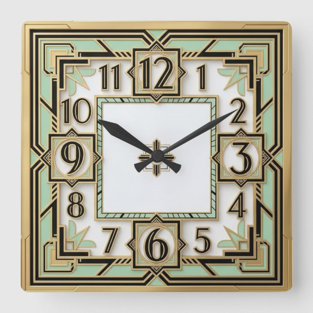 Art Deco Mint Quadratische Wanduhr (Vorderseite)