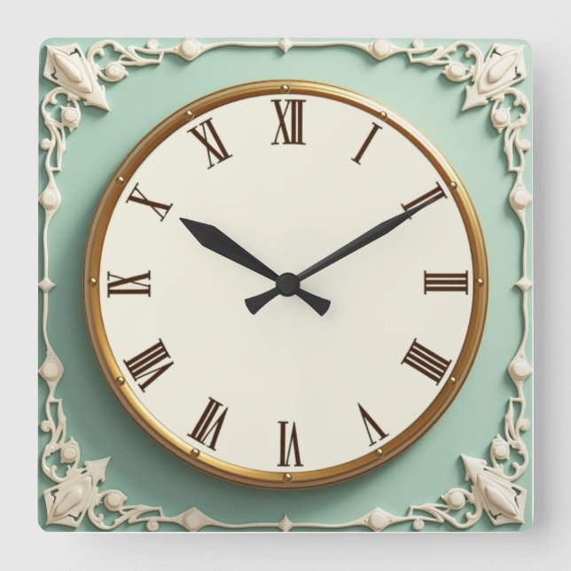 Art Deco Mint Quadratische Wanduhr (Vorderseite)